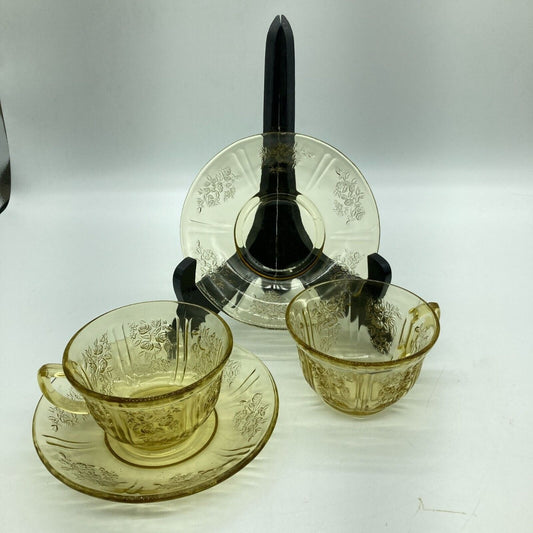 Vintage Federal Glass Co. Sharon Cabbage Rose Yellow 2 Tea Cups & Saucers Sunny