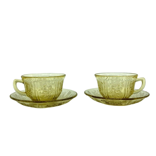 Vintage Federal Glass Co. Sharon Cabbage Rose Yellow 2 Tea Cups & Saucers Sunny