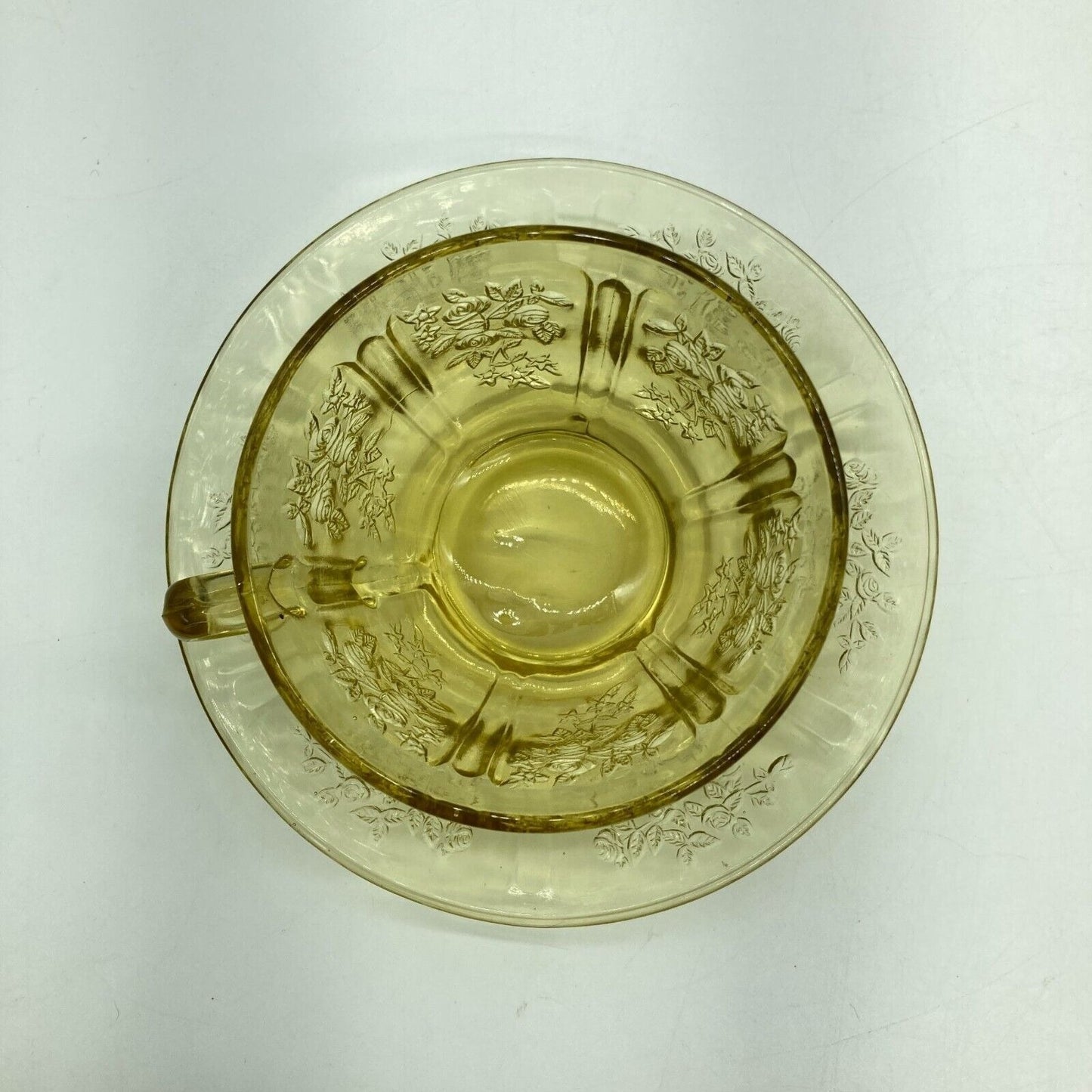 Vintage Federal Glass Co. Sharon Cabbage Rose Yellow 2 Tea Cups & Saucers Sunny