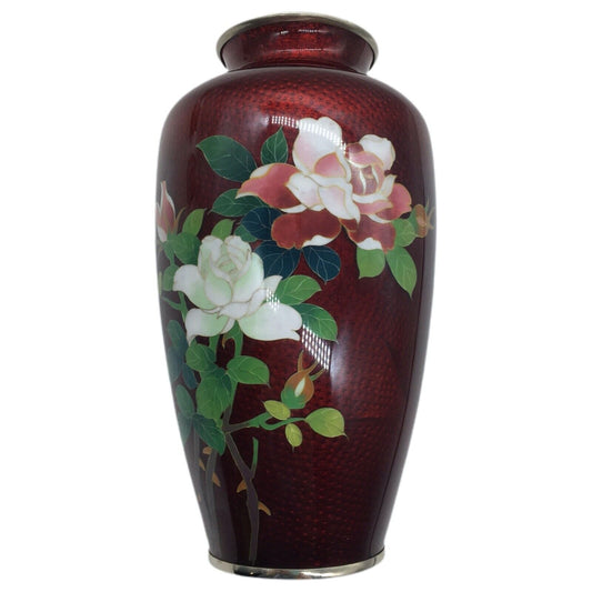 Vintage Floral Cloisonné 7.25" Vase Pigeon Blood Red Imbedded Bird Bamboo Japan