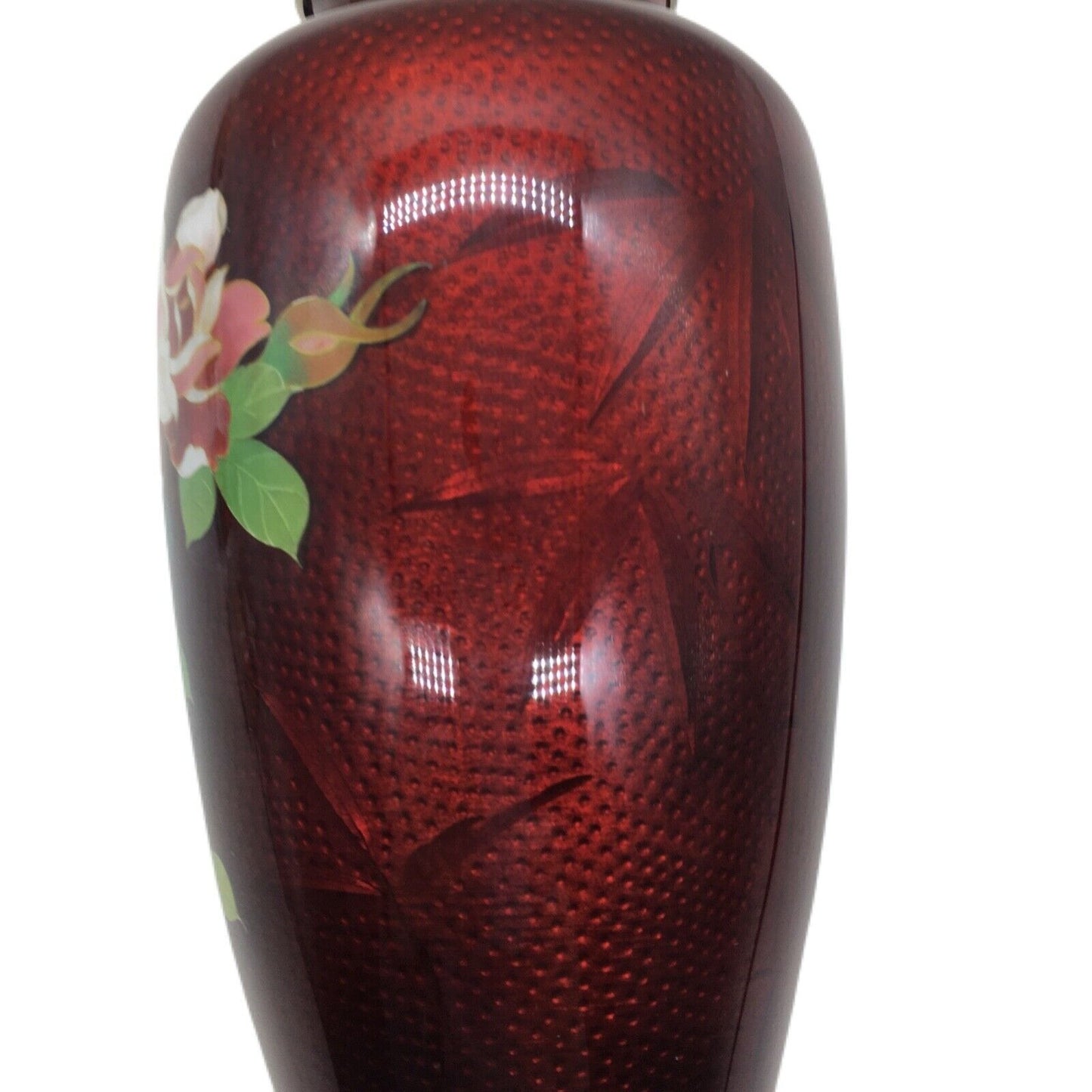 Vintage Floral Cloisonné 7.25" Vase Pigeon Blood Red Imbedded Bird Bamboo Japan
