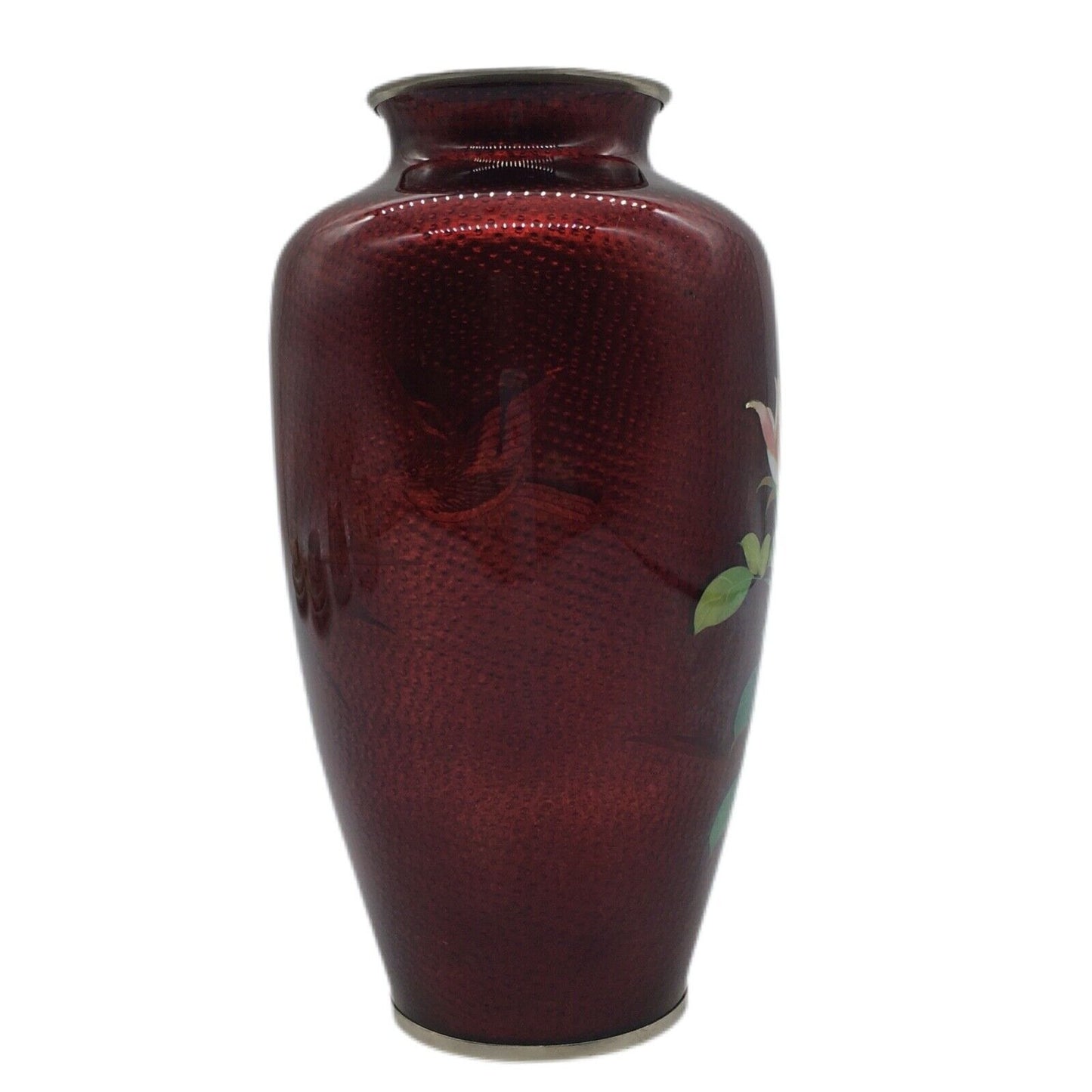 Vintage Floral Cloisonné 7.25" Vase Pigeon Blood Red Imbedded Bird Bamboo Japan
