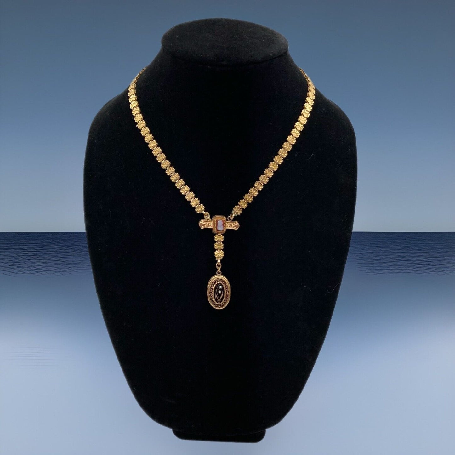 Antique Book Chain Necklace Lady Cameo Bar & Lily of the Valley Locket Etched Gf