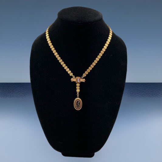 Antique Book Chain Necklace Lady Cameo Bar & Lily of the Valley Locket Etched Gf