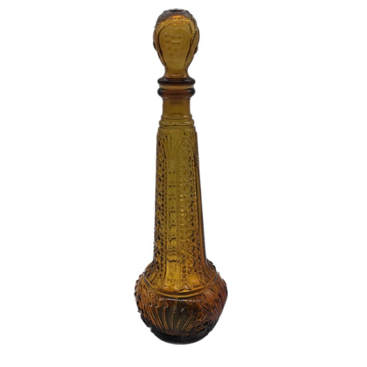 Vintage Empoli Decanter 14.5" Tall Amber patterned Glass Stopper MCM Barware
