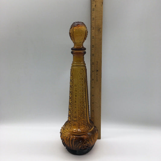 Vintage Empoli Decanter 14.5" Tall Amber patterned Glass Stopper MCM Barware