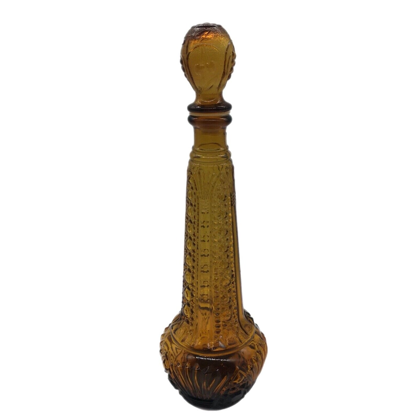 Vintage Empoli Decanter 14.5" Tall Amber patterned Glass Stopper MCM Barware