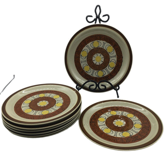 Topaz Stoneware Sunburst 70s Set 8 Dinner Plates Hand Painted Oven Proof Japan