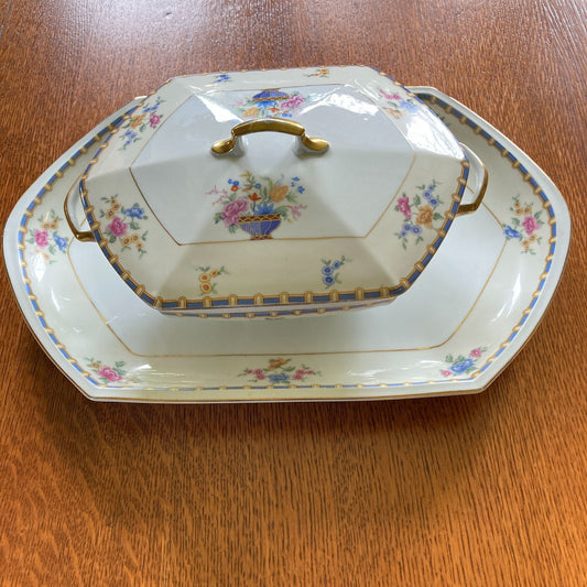 Vintage MZ Altrohlau CMR Lidded Tureen & Matching Tray Floral Design Gold Trim Porcelain Czechoslovakia