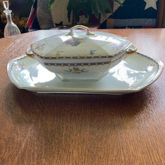 Vintage MZ Altrohlau CMR Lidded Tureen & Matching Tray Floral Design Gold Trim Porcelain Czechoslovakia
