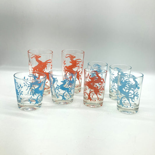 Federal Glass Company Leaping Gazelle Red Blue Mixed Sizes MCM Barware Kitchen