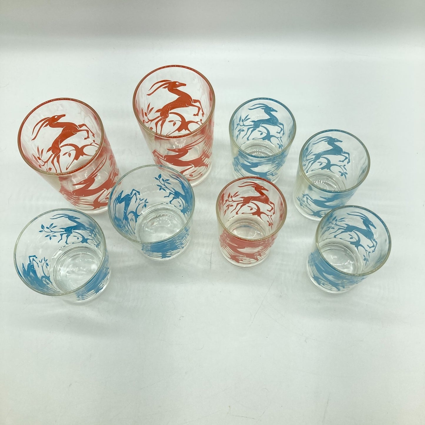 Federal Glass Company Leaping Gazelle Red Blue Mixed Sizes MCM Barware Kitchen