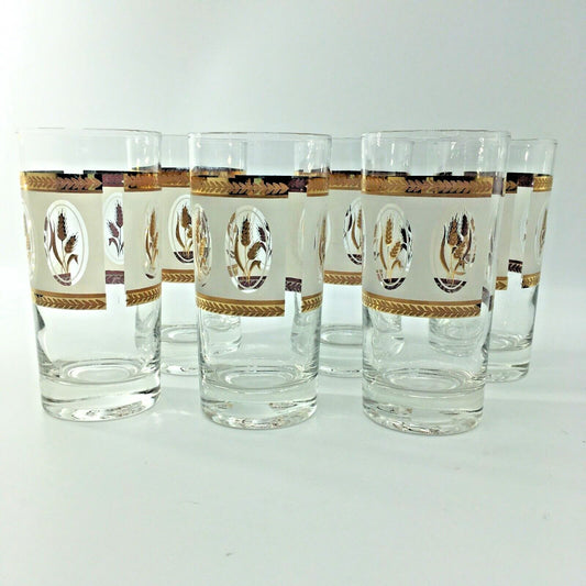 Vintage Glassware Gold Laurel Trim Wheat Design Tumblers Set 6 Barware Highball