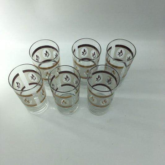 Vintage Glassware Gold Laurel Trim Wheat Design Tumblers Set 6 Barware Highball
