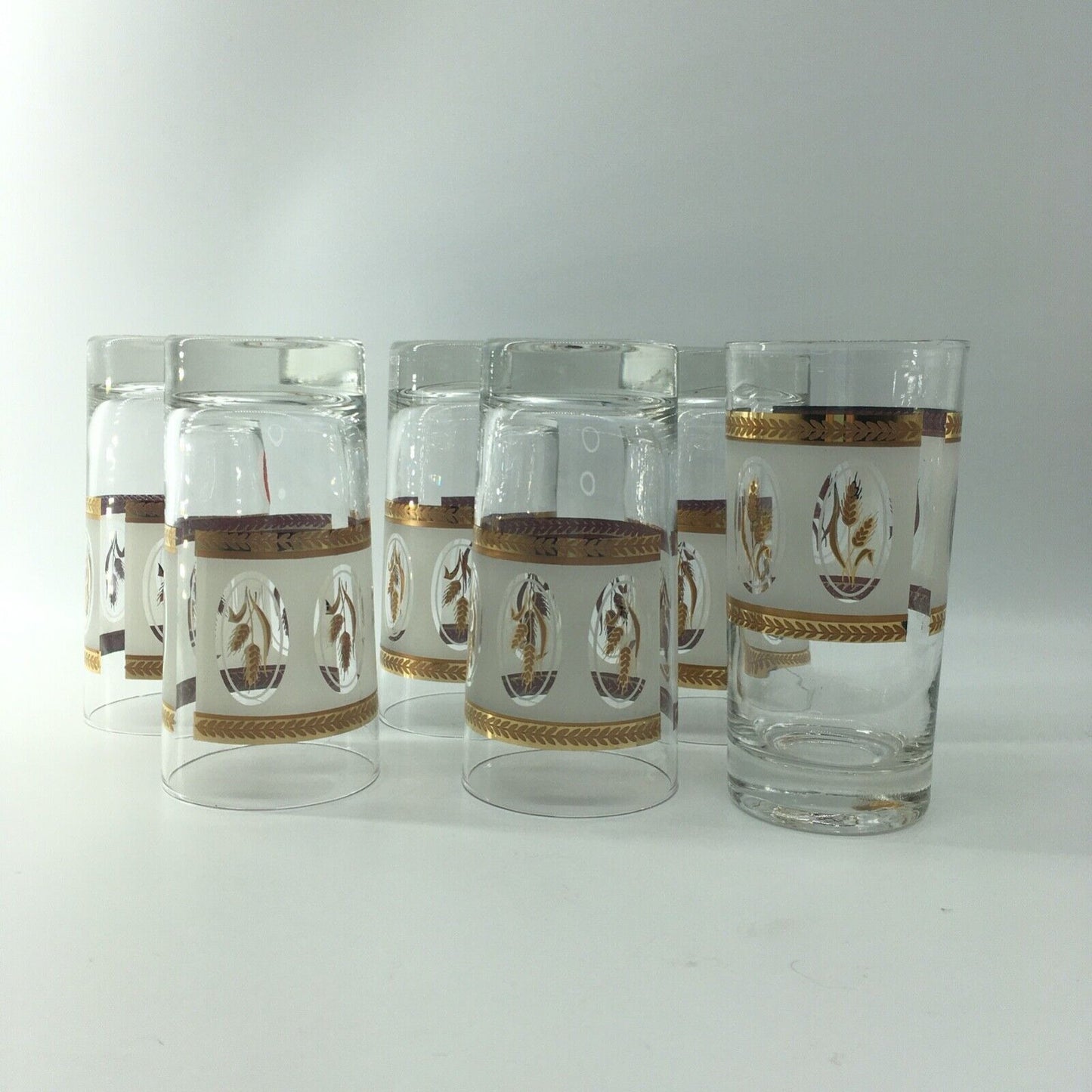 Vintage Glassware Gold Laurel Trim Wheat Design Tumblers Set 6 Barware Highball