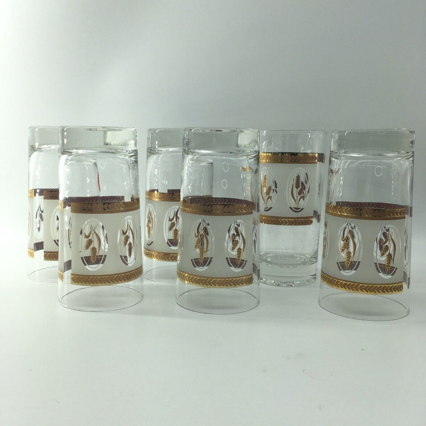 Vintage Glassware Gold Laurel Trim Wheat Design Tumblers Set 6 Barware Highball