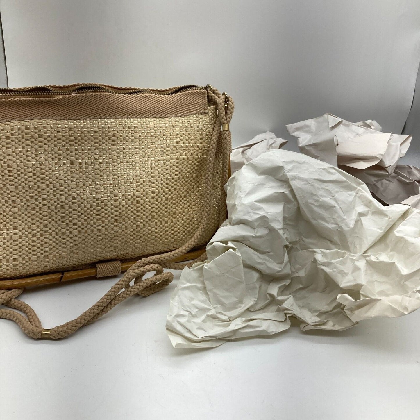 Vintage Delill Woven Raffia & Bamboo Handbag Purse Made Italy Shoulder Bag Lined