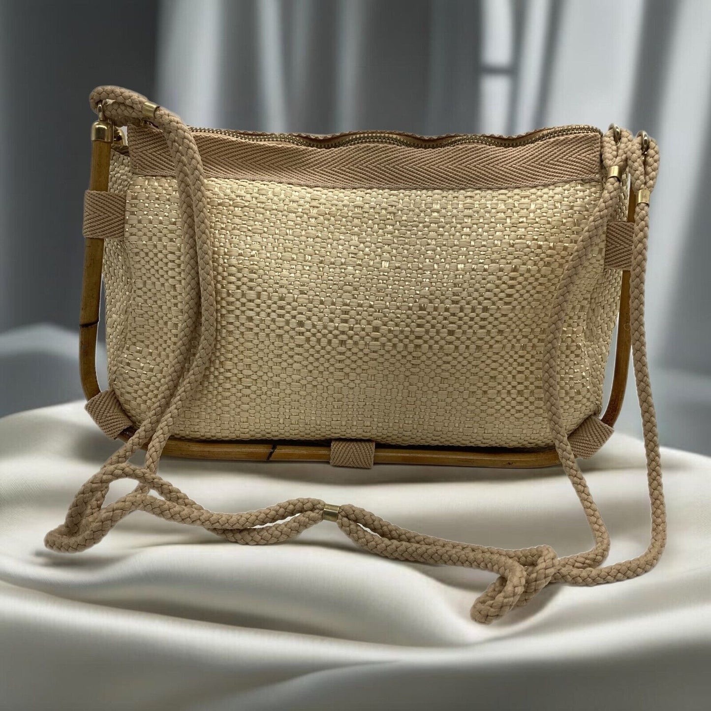 Vintage Delill Woven Raffia & Bamboo Handbag Purse Made Italy Shoulder Bag Lined