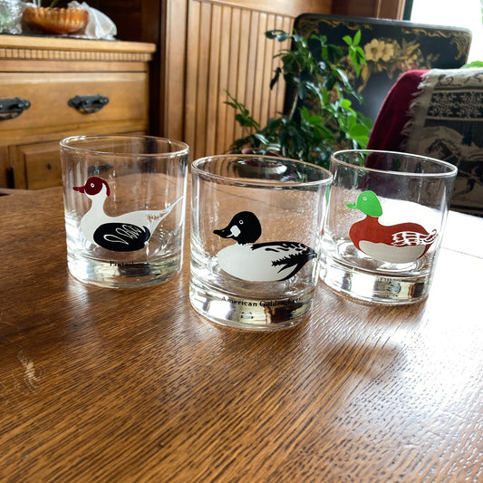 Federal Glass Duck Decoy Lowball 3 Glasses Vintage Barware Sportsman Cabin Lodge