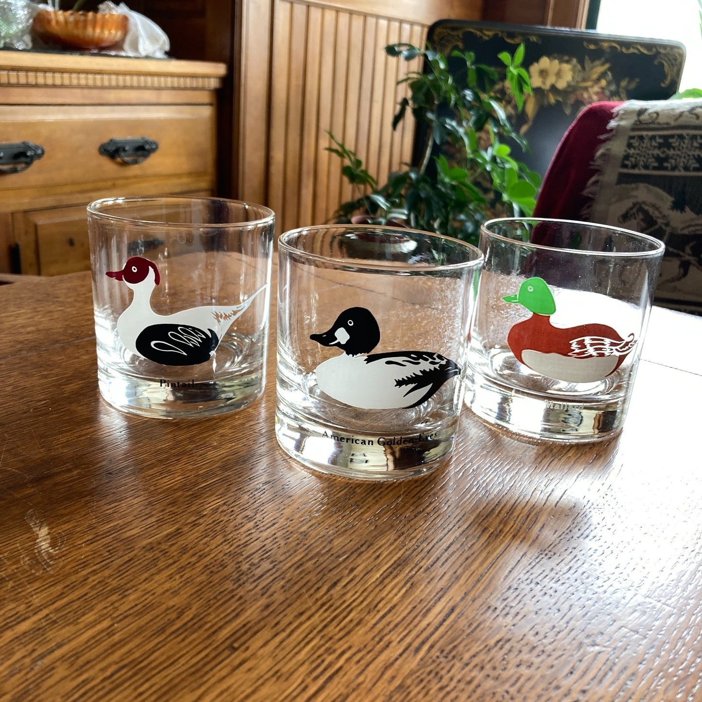 Federal Glass Duck Decoy Lowball 3 Glasses Vintage Barware Sportsman Cabin Lodge