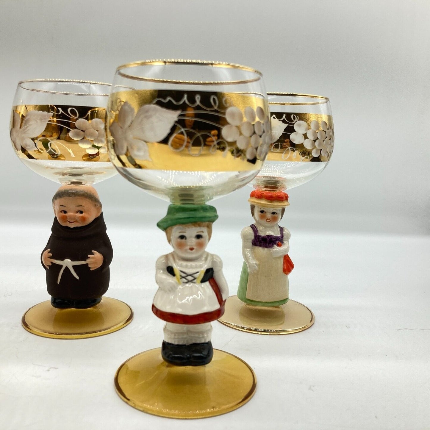 Goebel Wine Etched Glasses Figural Hummel Stems Set 6 VTG W. German Leaf Grapes