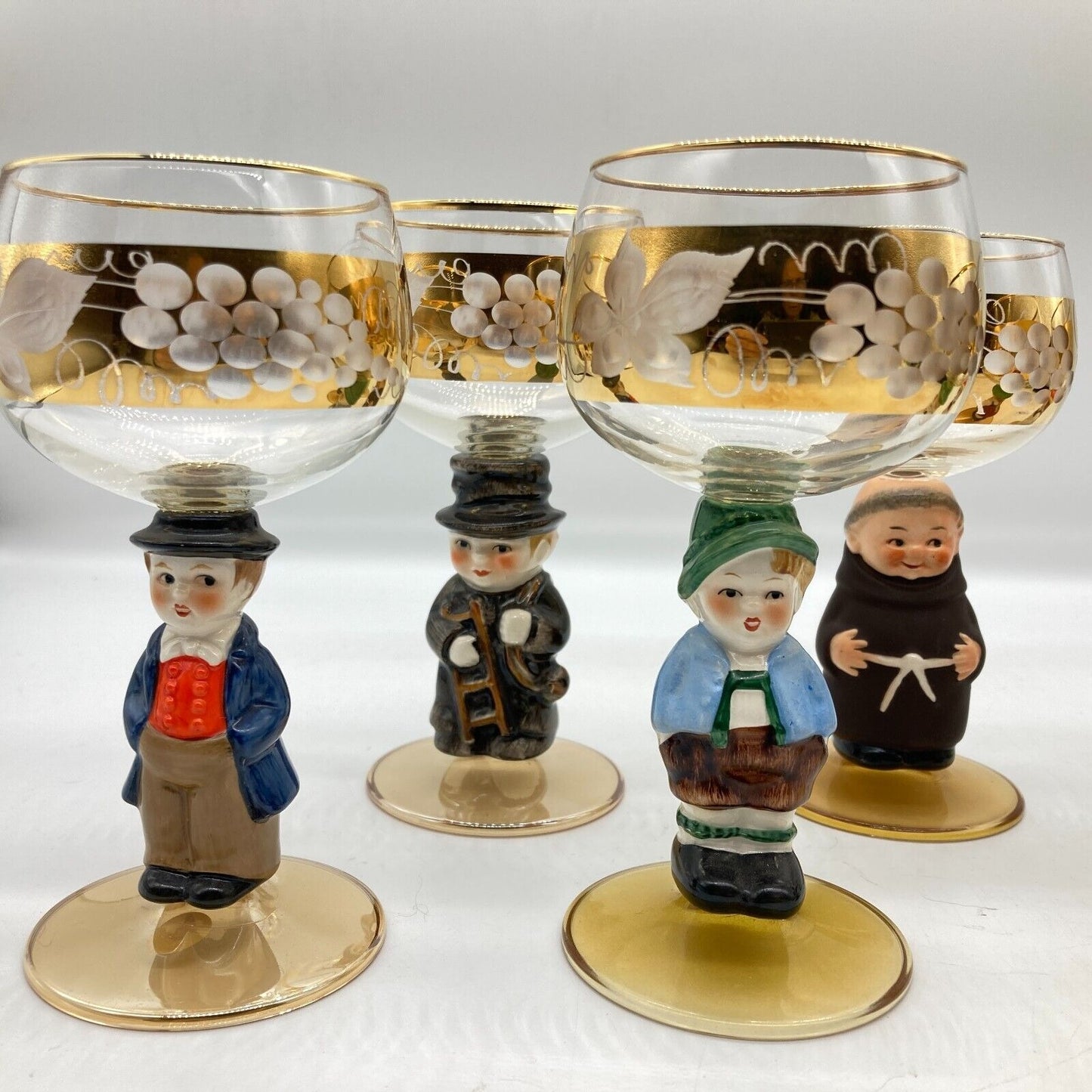 Goebel Wine Etched Glasses Figural Hummel Stems Set 6 VTG W. German Leaf Grapes