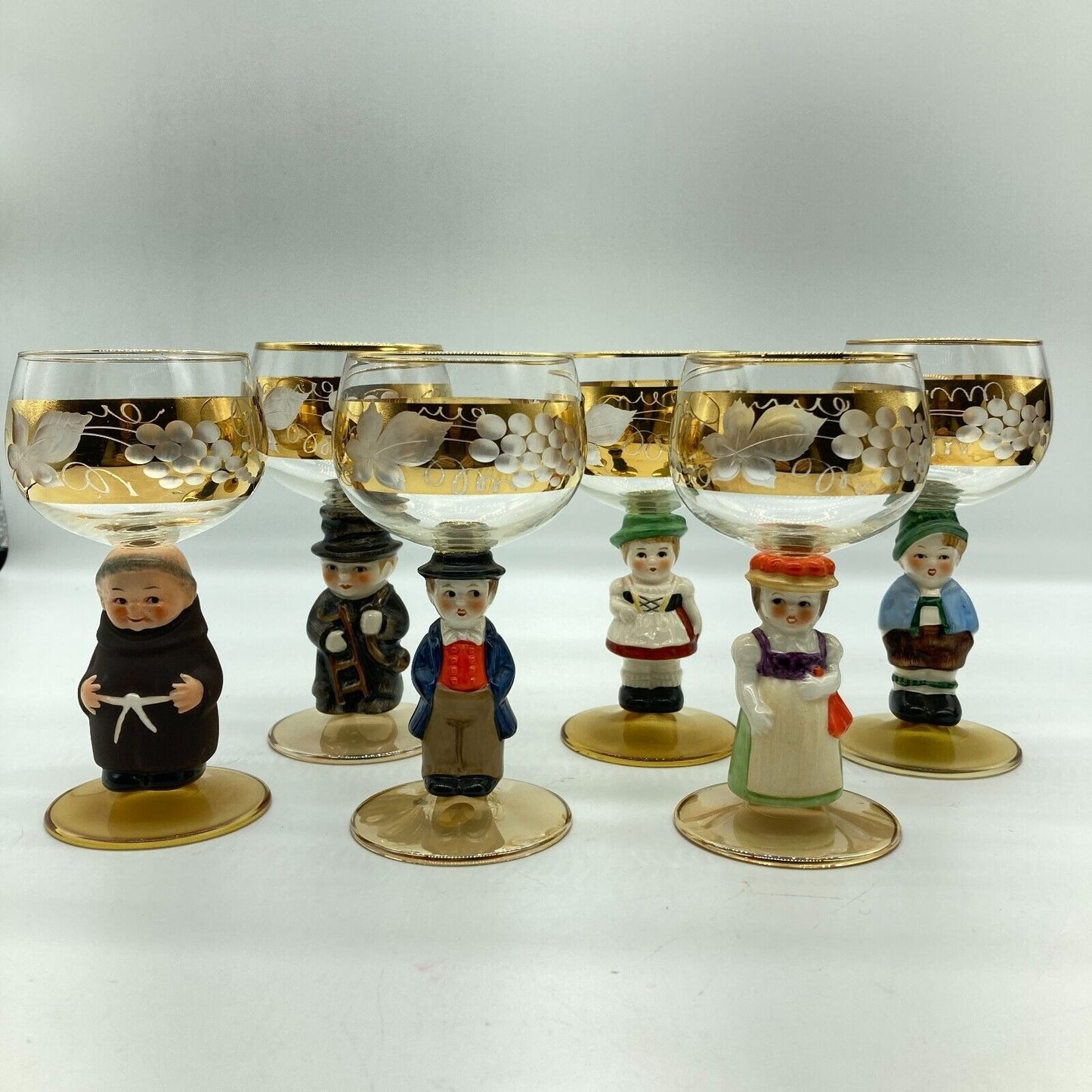 Goebel Wine Etched Glasses Figural Hummel Stems Set 6 VTG W. German Leaf Grapes