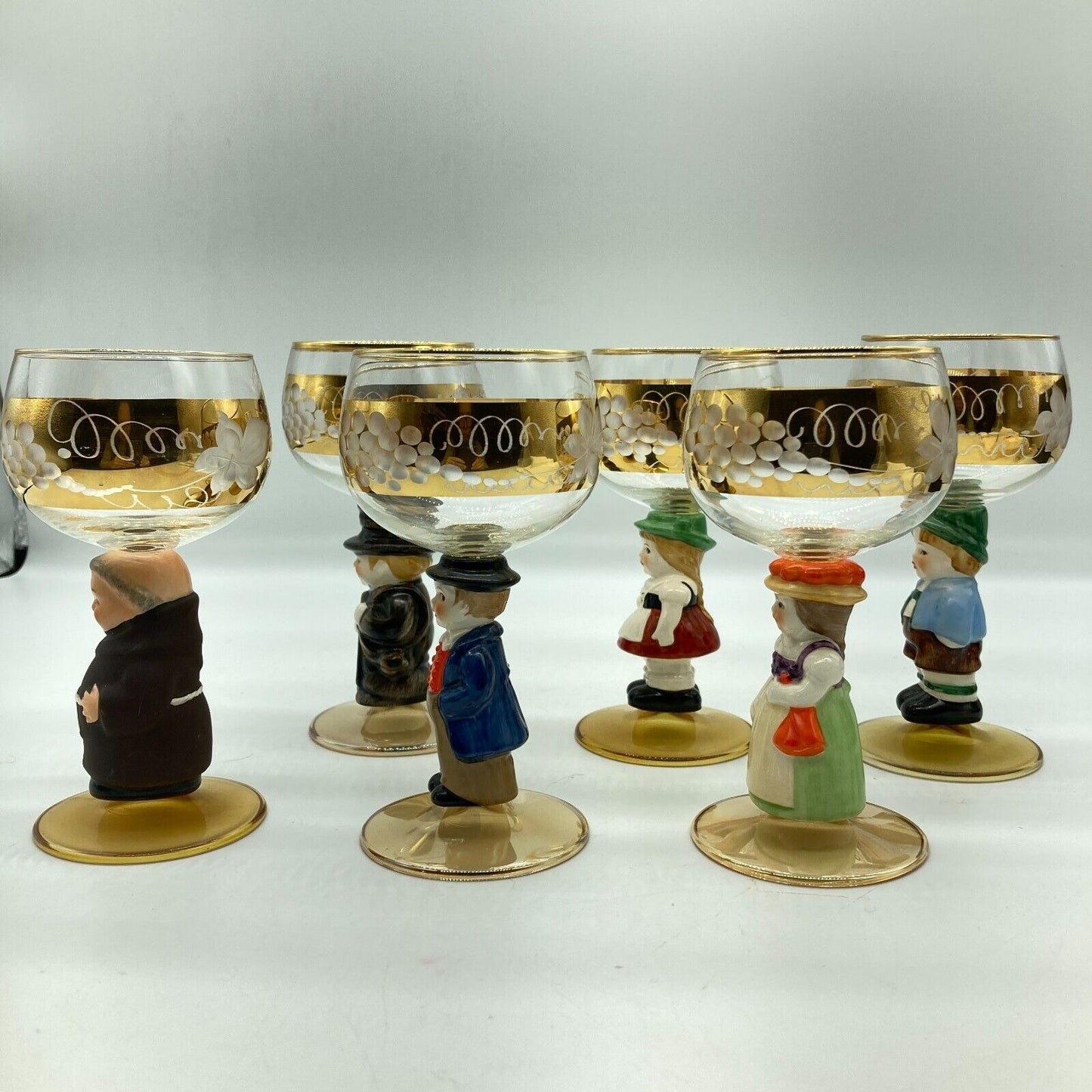 Goebel Wine Etched Glasses Figural Hummel Stems Set 6 VTG W. German Leaf Grapes