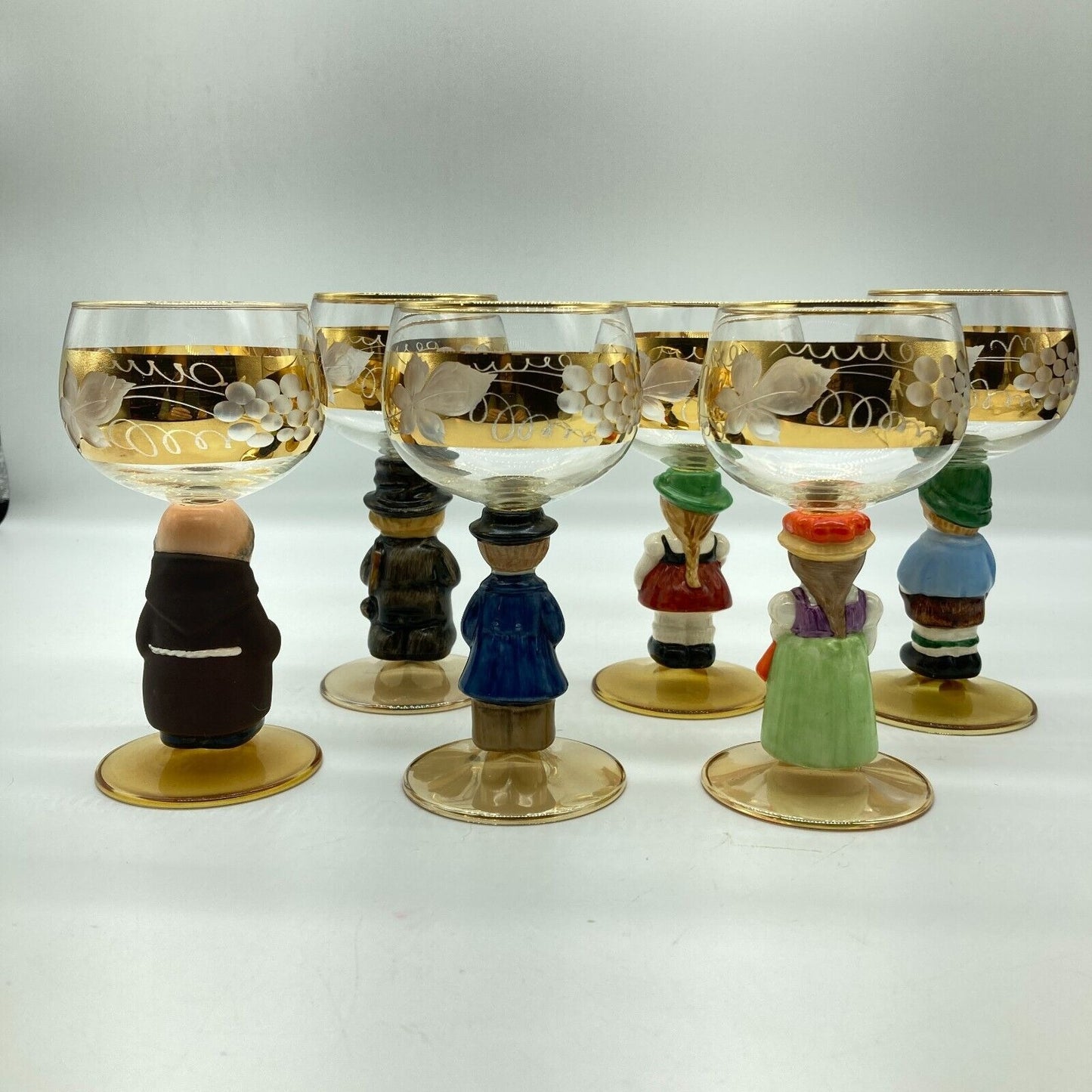 Goebel Wine Etched Glasses Figural Hummel Stems Set 6 VTG W. German Leaf Grapes