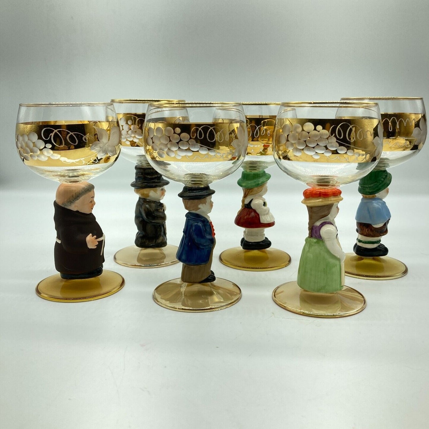 Goebel Wine Etched Glasses Figural Hummel Stems Set 6 VTG W. German Leaf Grapes