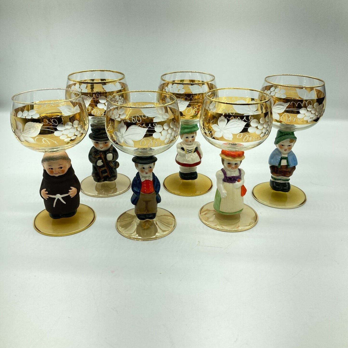 Goebel Wine Etched Glasses Figural Hummel Stems Set 6 VTG W. German Leaf Grapes