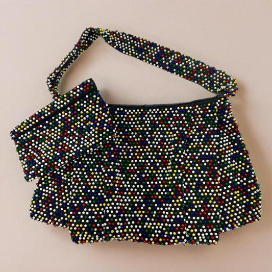 Vintage Bead Handbag Coin Purse Set Bright Multicolored Candy Dot on Black Bag
