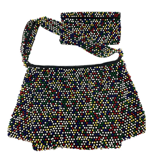 Vintage Bead Handbag Coin Purse Set Bright Multicolored Candy Dot on Black Bag