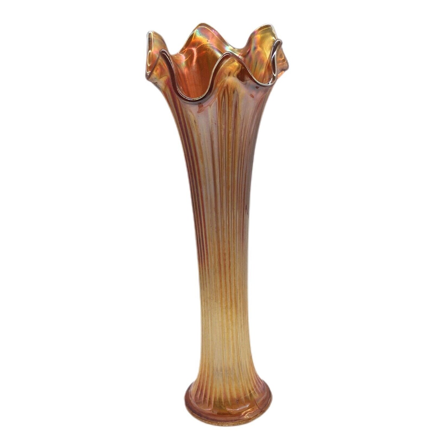 Fenton Marigold Carnival Glass Fine Rib Vase 11.5" Iridescent Art Glass Made in USA