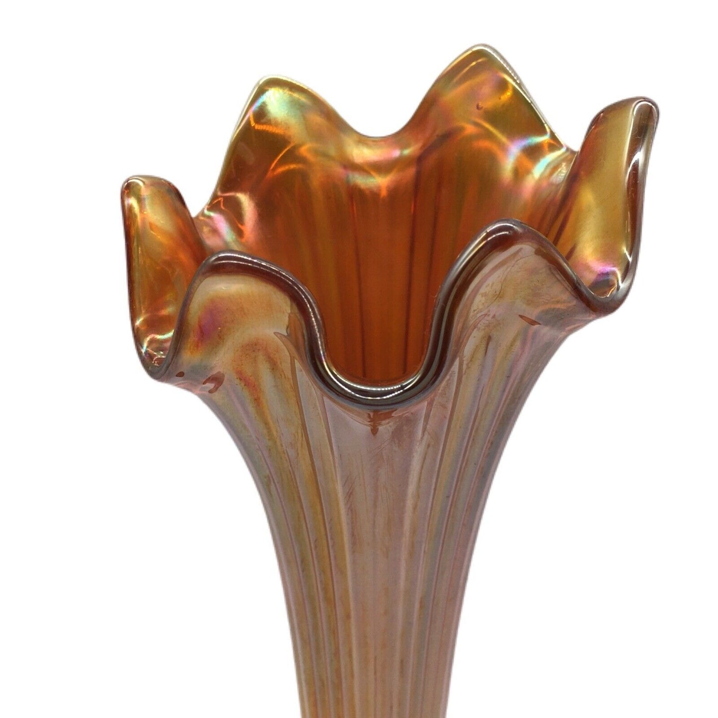 Fenton Marigold Carnival Glass Fine Rib Vase 11.5" Iridescent Art Glass Made in USA