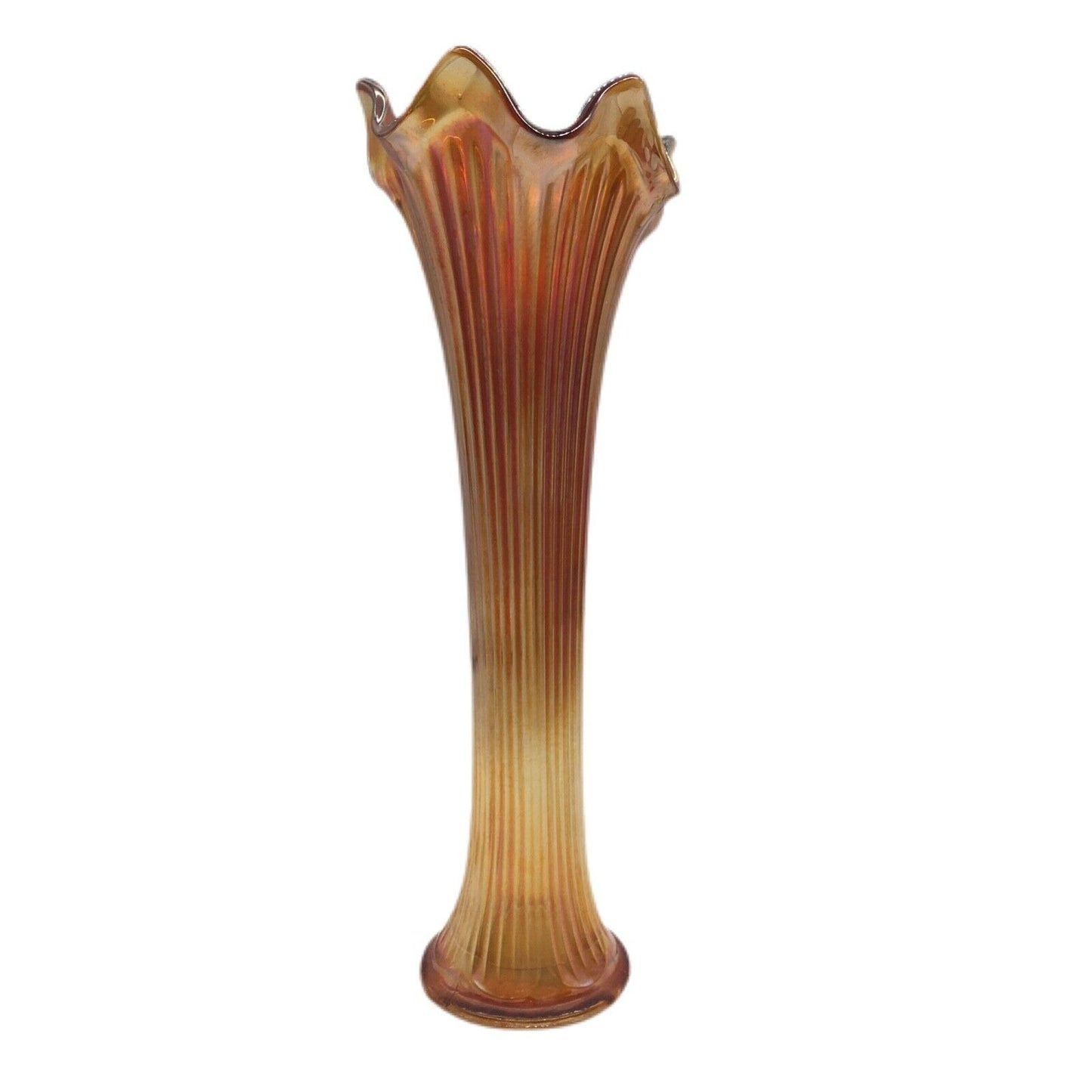 Fenton Marigold Carnival Glass Fine Rib Vase 11.5" Iridescent Art Glass Made in USA