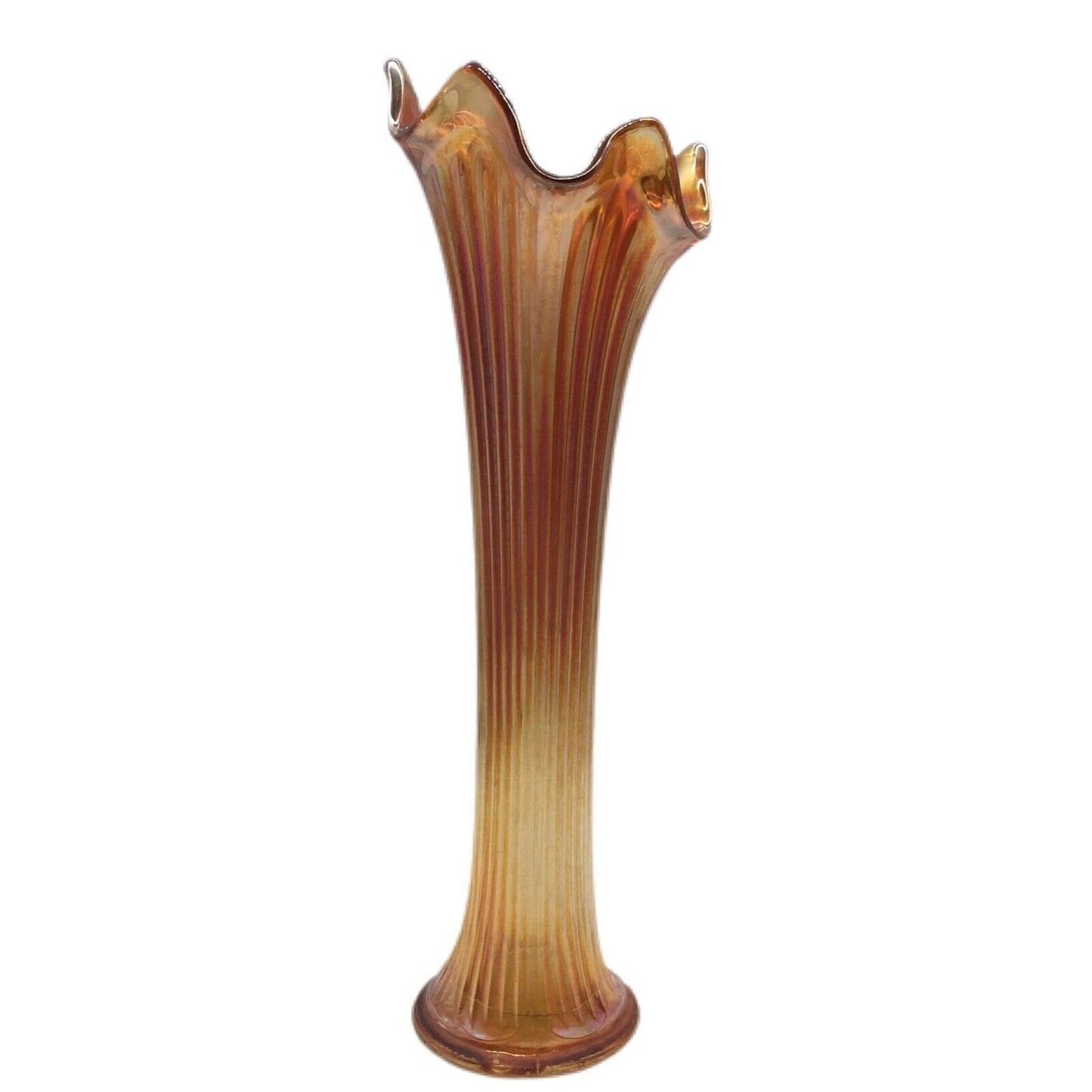 Fenton Marigold Carnival Glass Fine Rib Vase 11.5" Iridescent Art Glass Made in USA