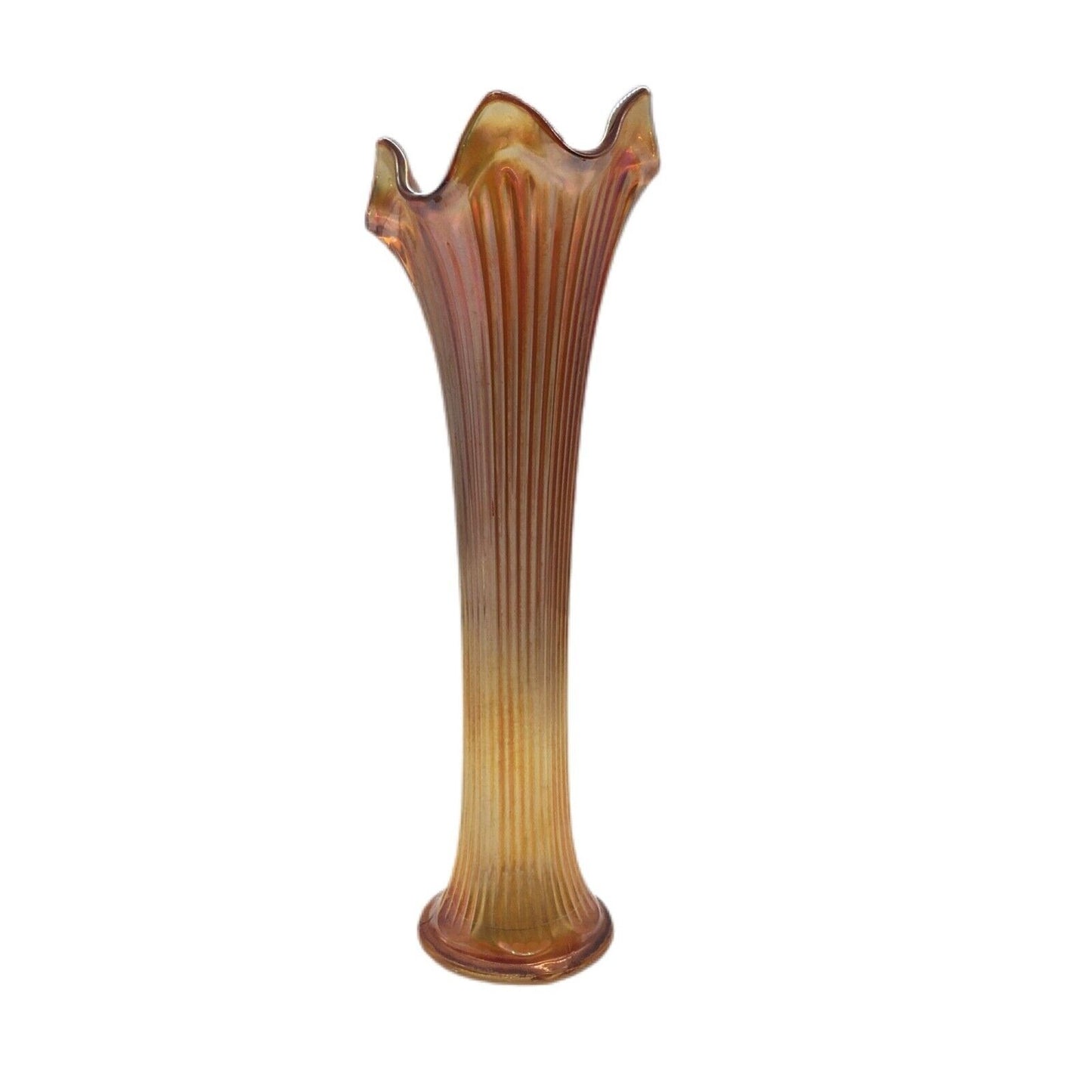 Fenton Marigold Carnival Glass Fine Rib Vase 11.5" Iridescent Art Glass Made in USA