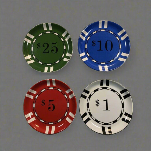 Set of 4 Plates 6" Poker Chip Sur La Table $25 Green $10 Blue $5 Red $1 White