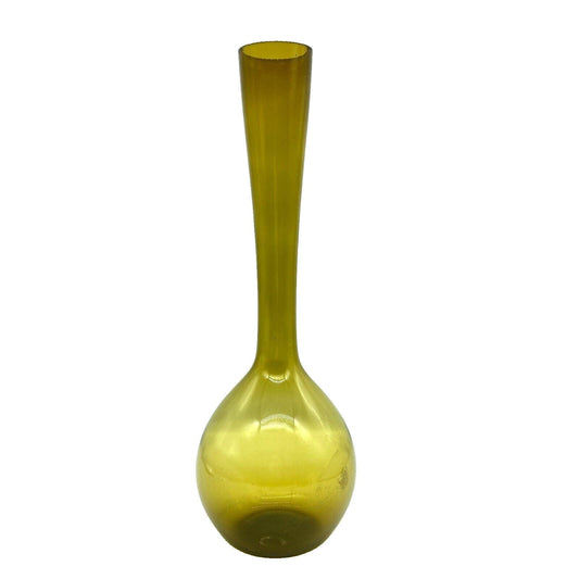 MCM Vase 15.75" Tall Hand Blown Olive Art Glass Bulb Base Long Neck Vintage