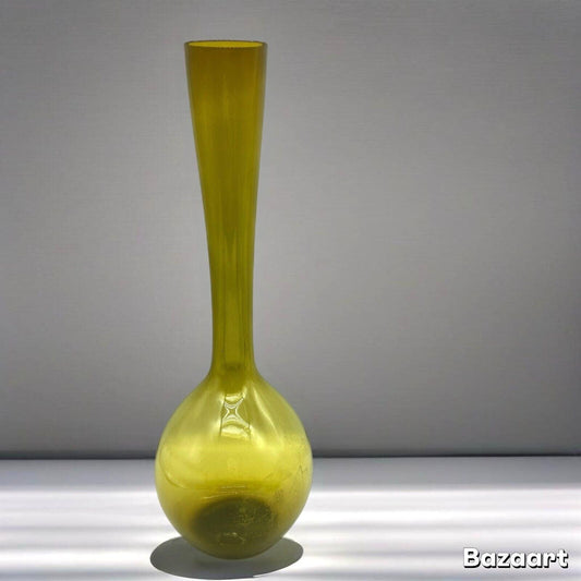 MCM Vase 15.75" Tall Hand Blown Olive Art Glass Bulb Base Long Neck Vintage