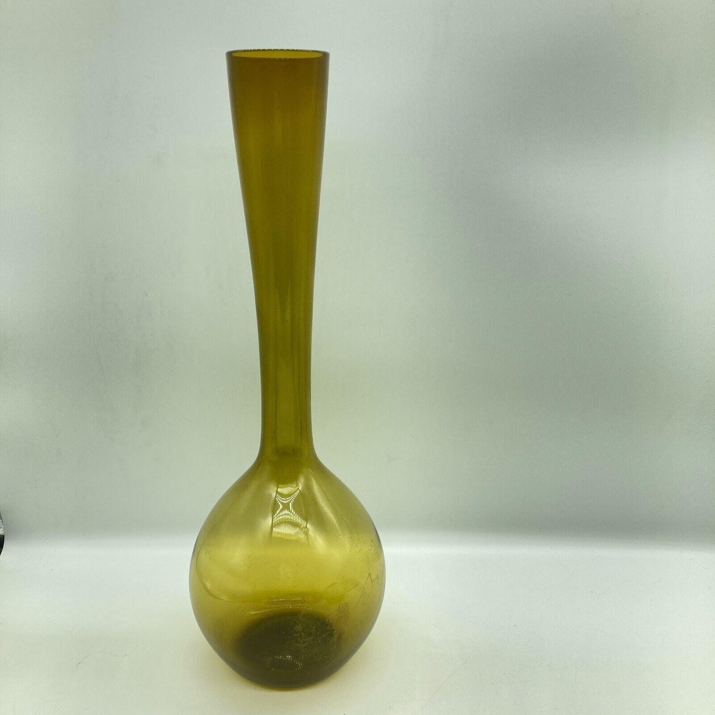 MCM Vase 15.75" Tall Hand Blown Olive Art Glass Bulb Base Long Neck Vintage