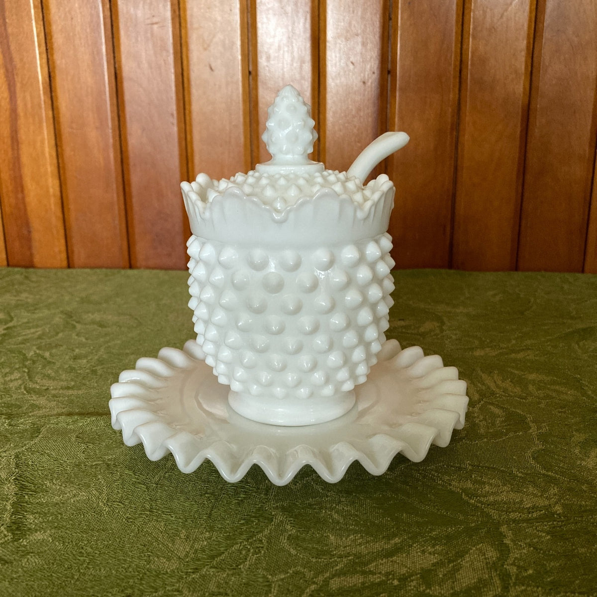 Fenton Hobnail White Milk Glass Jam Jar Set 4-Piece with Ladle & Underplate 1950s-1960s