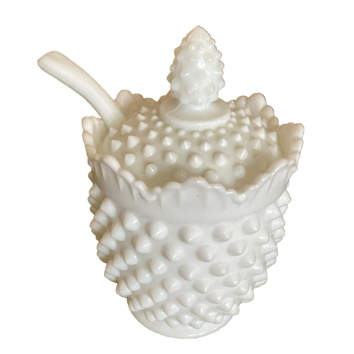 Fenton Hobnail White Milk Glass Jam Jar Set 4-Piece with Ladle & Underplate 1950s-1960s