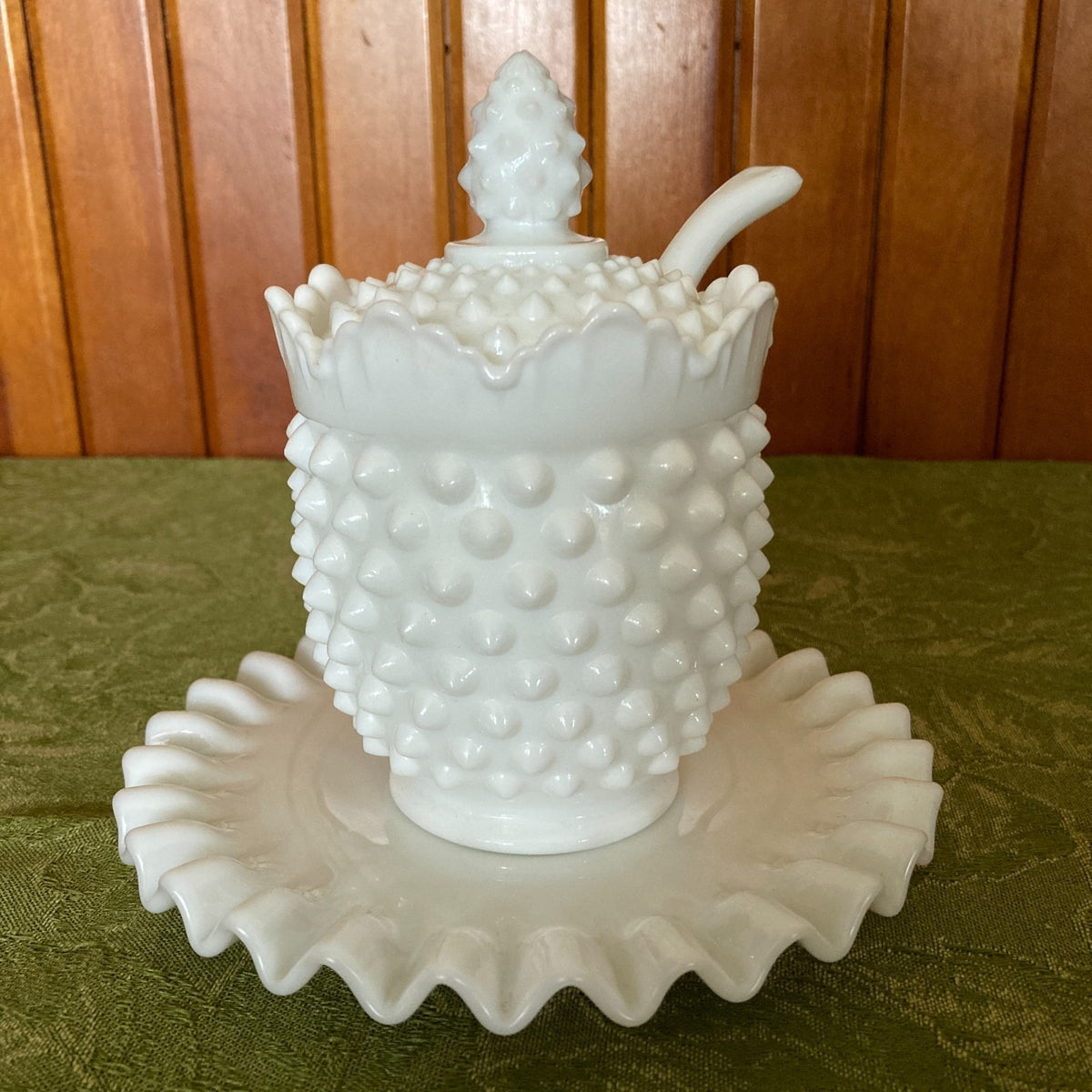 Fenton Hobnail White Milk Glass Jam Jar Set 4-Piece with Ladle & Underplate 1950s-1960s