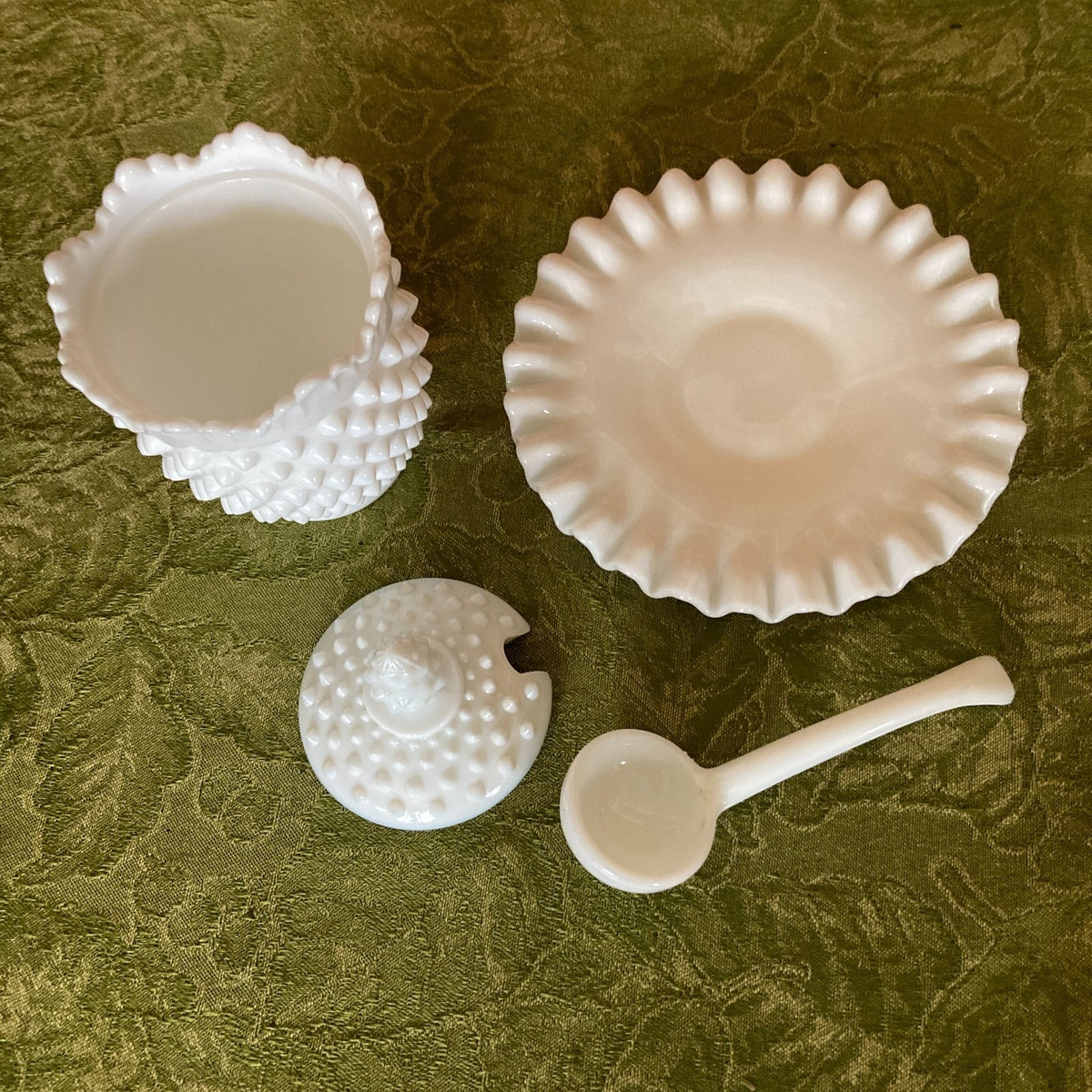 Fenton Hobnail White Milk Glass Jam Jar Set 4-Piece with Ladle & Underplate 1950s-1960s