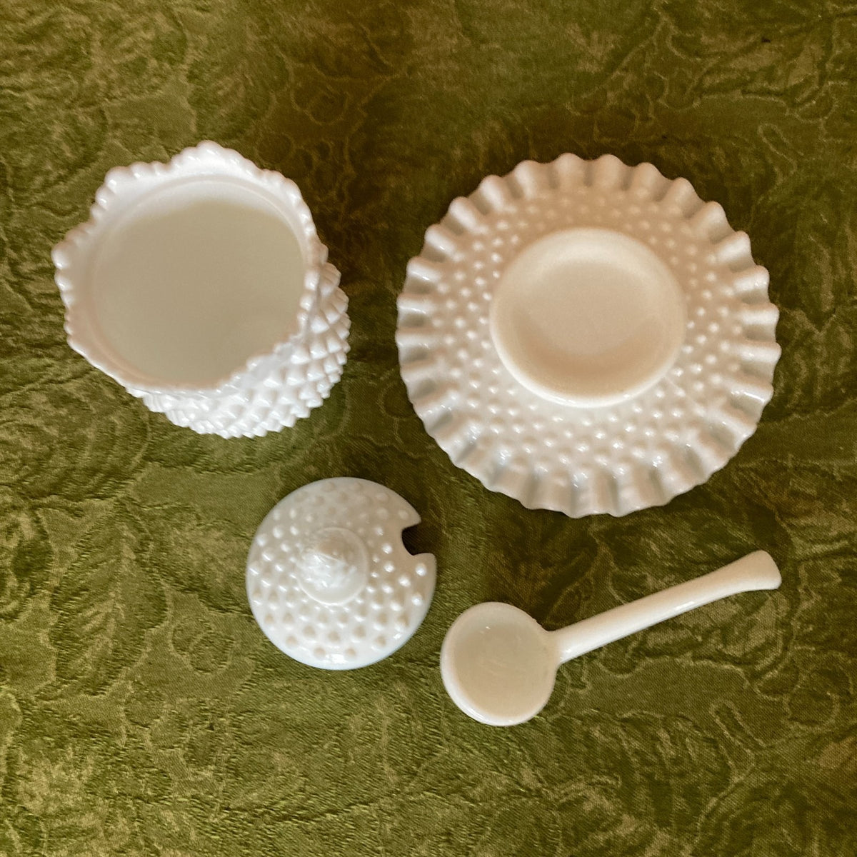 Fenton Hobnail White Milk Glass Jam Jar Set 4-Piece with Ladle & Underplate 1950s-1960s