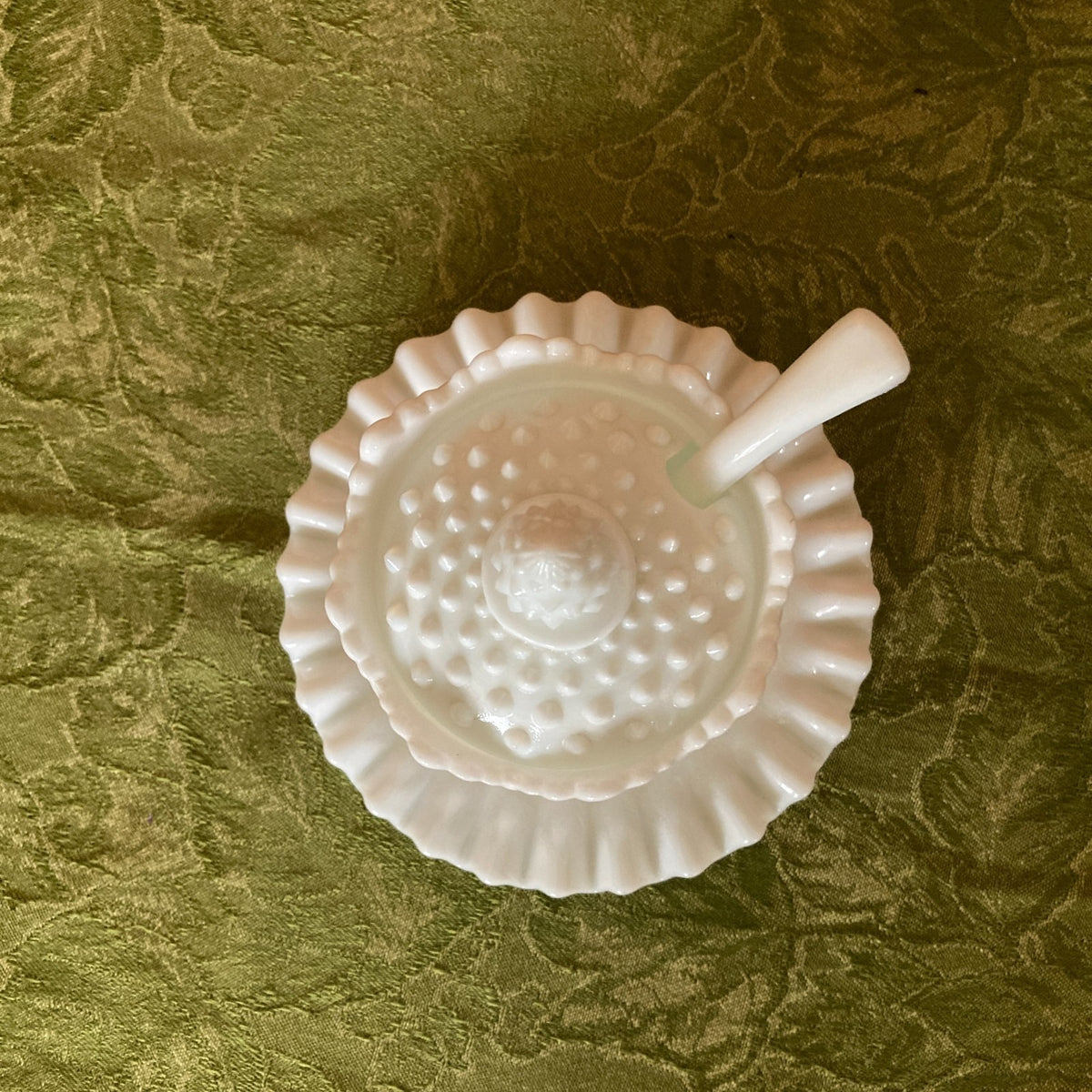 Fenton Hobnail White Milk Glass Jam Jar Set 4-Piece with Ladle & Underplate 1950s-1960s