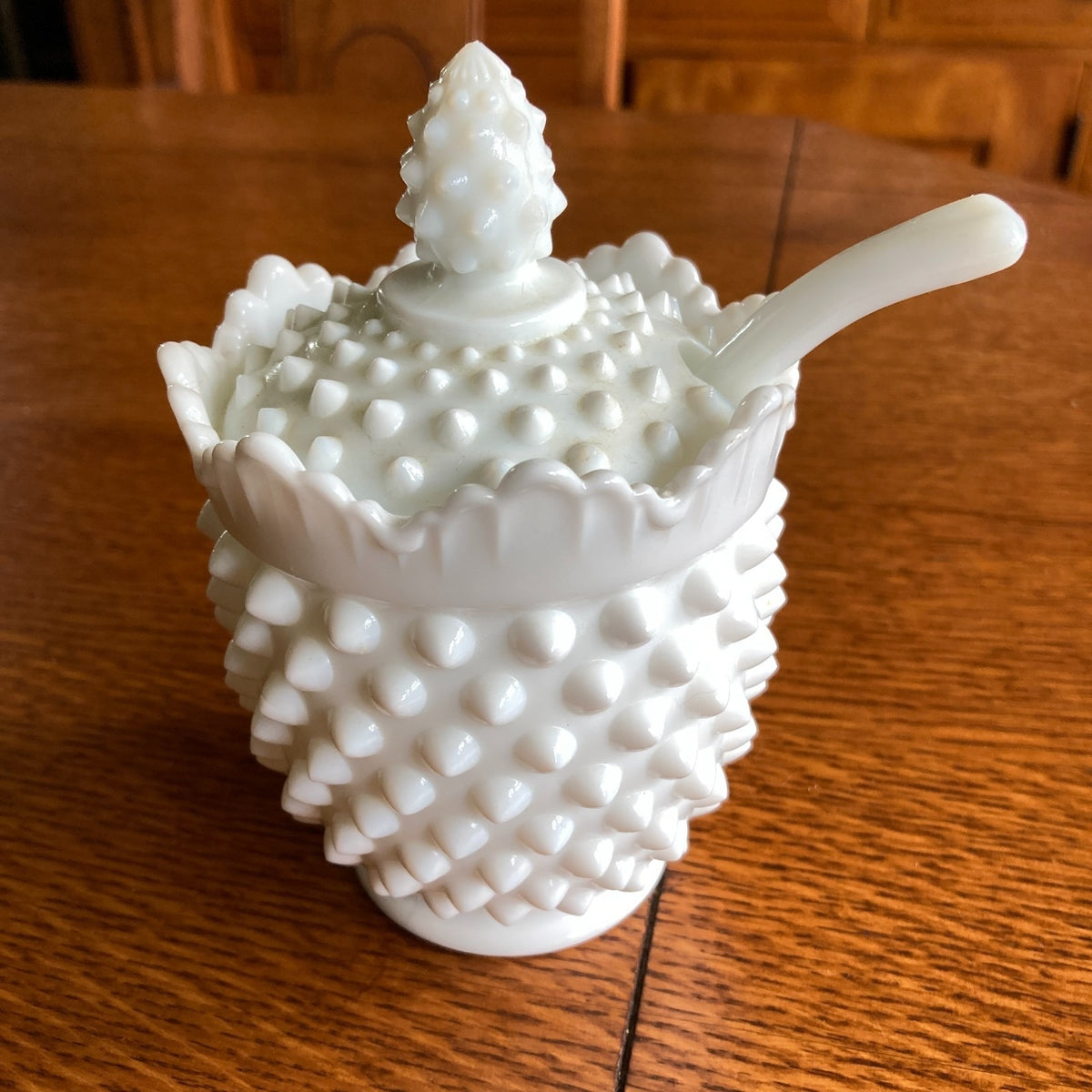 Fenton Hobnail White Milk Glass Jam Jar Set 4-Piece with Ladle & Underplate 1950s-1960s