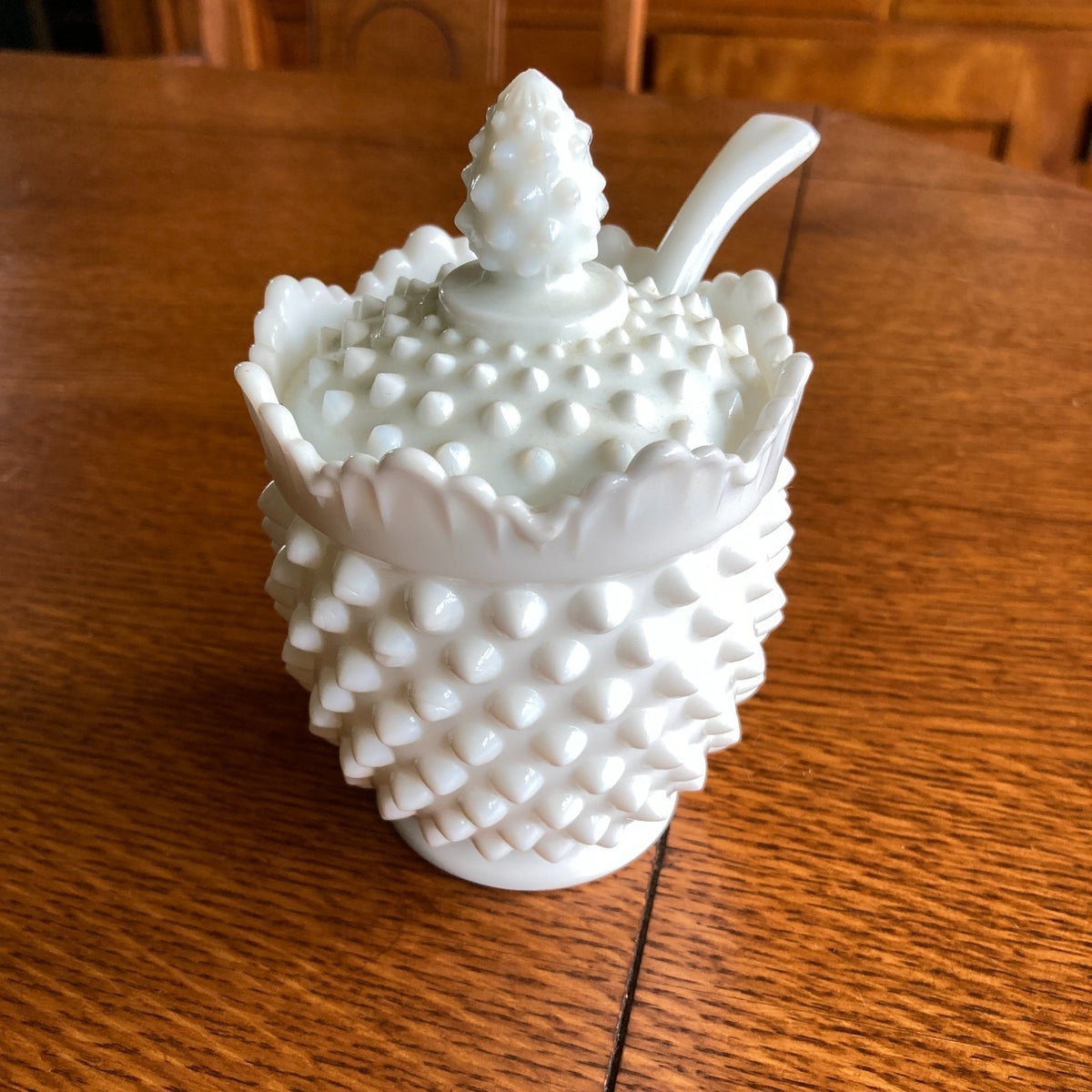 Fenton Hobnail White Milk Glass Jam Jar Set 4-Piece with Ladle & Underplate 1950s-1960s